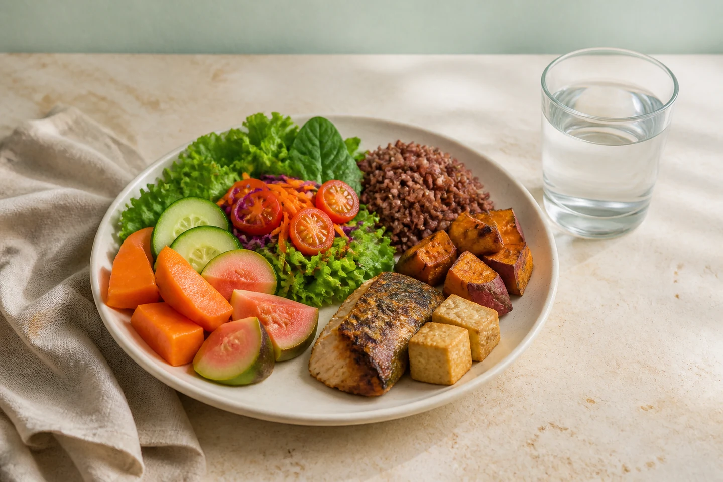 Balanced plate with vegetables, fruit, brown rice, sweet potato, fish and tofu beside a glass of water